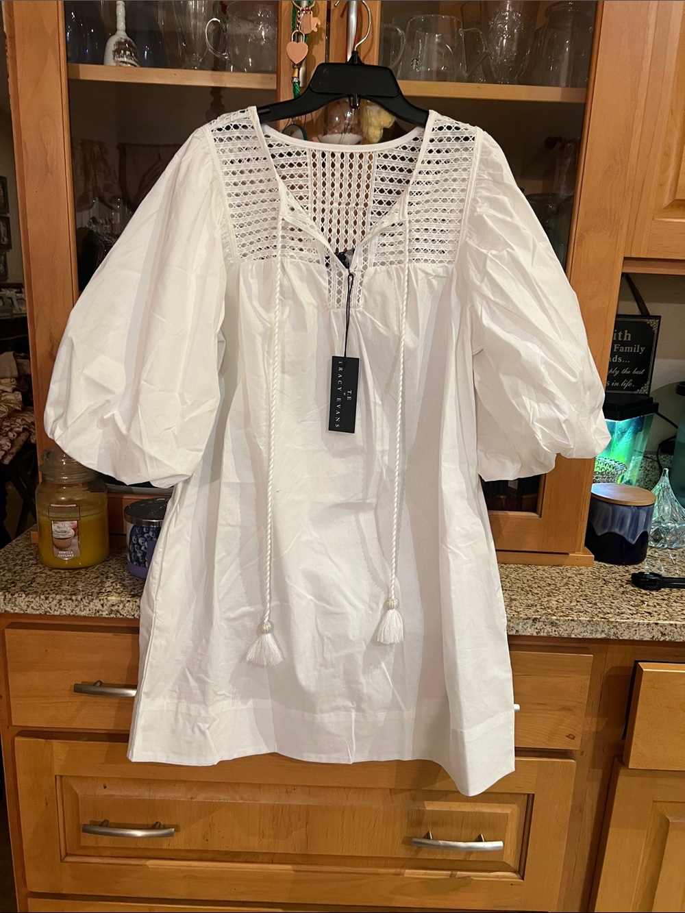 Tracy Evans White Crochet Yoke Puff-Sleeve Mini Dress